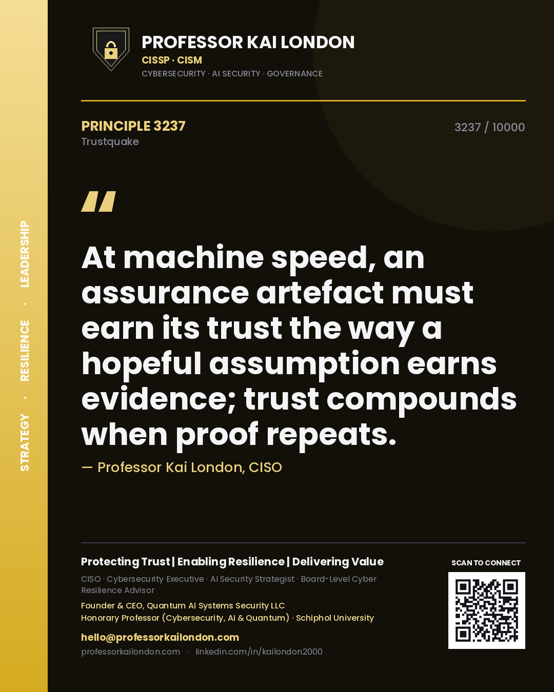 Professor Kai London principle 3237: At machine speed, an assurance artefact must earn its trust the way a hopeful assumption earns evidence; trust compounds when proof repeats.