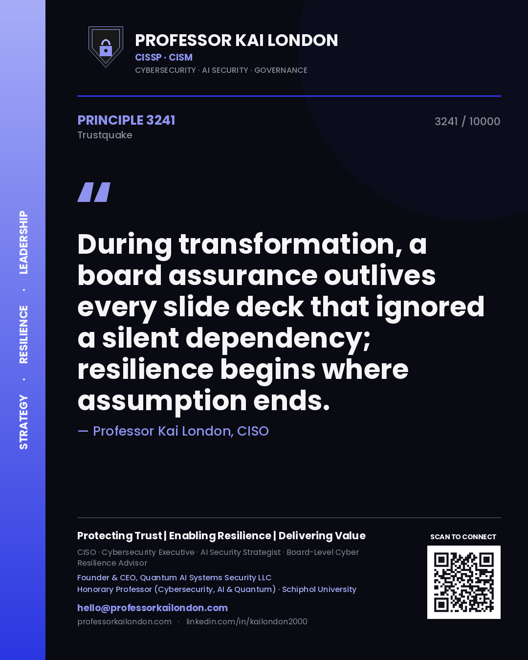 Quote card by Professor Kai London reading 'During transformation, a board assurance outlives every slide deck that ignored a silent dependency; resilience begins where assumption ends.'. From the book Trustquake.