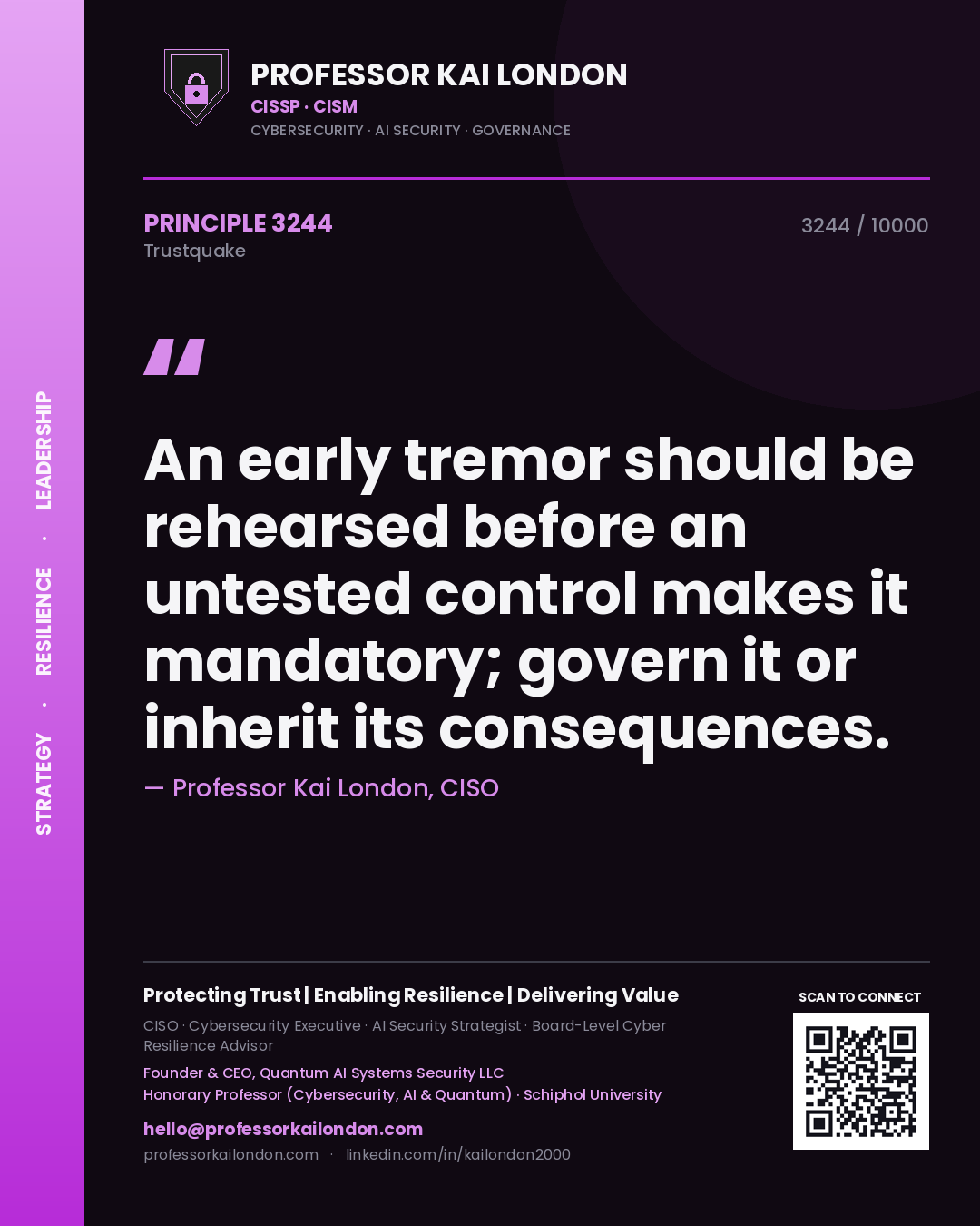Quote card by Professor Kai London reading 'An early tremor should be rehearsed before an untested control makes it mandatory; govern it or inherit its consequences.'. From the book Trustquake.