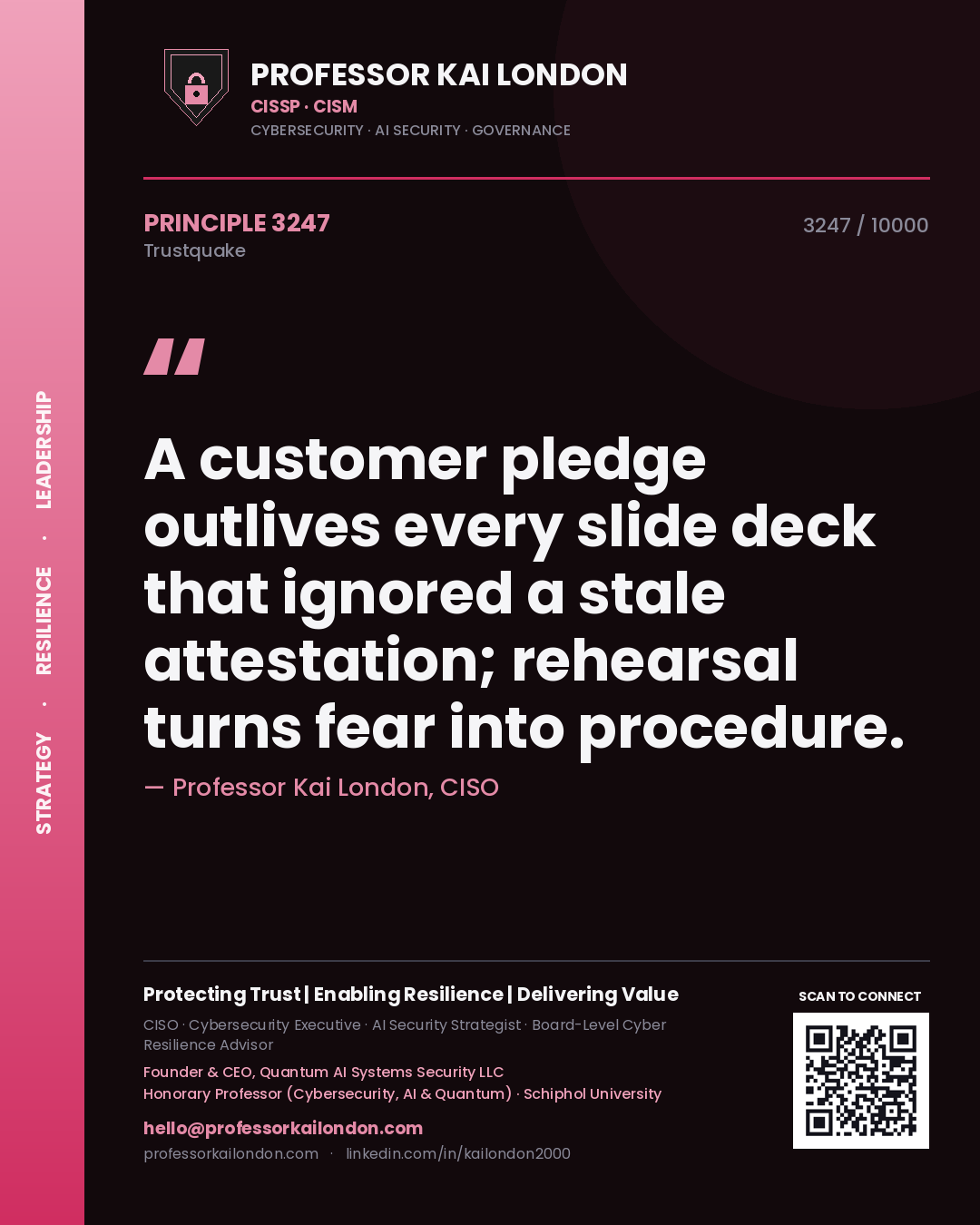 Professor Kai London principle 3247: A customer pledge outlives every slide deck that ignored a stale attestation; rehearsal turns fear into procedure.