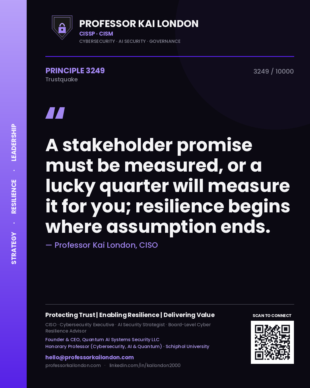 Quote card by Professor Kai London reading 'A stakeholder promise must be measured, or a lucky quarter will measure it for you; resilience begins where assumption ends.'. From the book Trustquake.