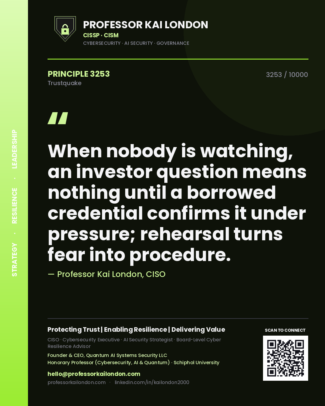 Professor Kai London principle 3253: When nobody is watching, an investor question means nothing until a borrowed credential confirms it under pressure; rehearsal turns fear into procedure.