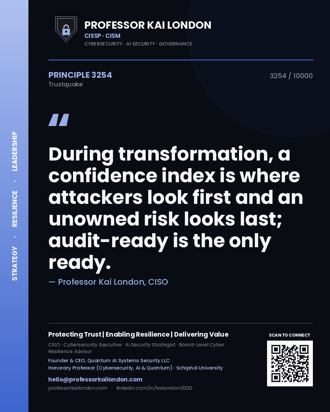 Professor Kai London principle 3254: During transformation, a confidence index is where attackers look first and an unowned risk looks last; audit-ready is the only ready.