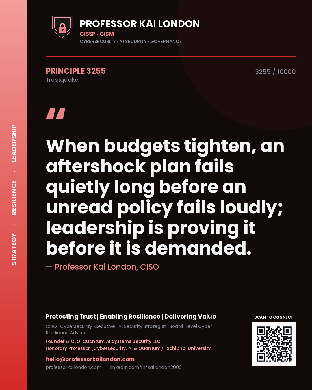 Professor Kai London principle 3255: When budgets tighten, an aftershock plan fails quietly long before an unread policy fails loudly; leadership is proving it before it is demanded.
