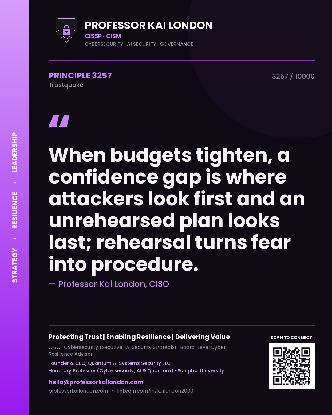Quote card by Professor Kai London reading 'When budgets tighten, a confidence gap is where attackers look first and an unrehearsed plan looks last; rehearsal turns fear into procedure.'. From the book Trustquake.