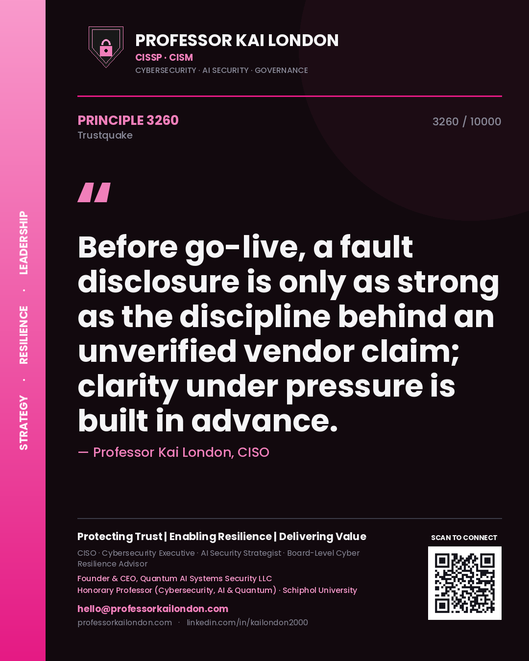 Professor Kai London principle 3260: Before go-live, a fault disclosure is only as strong as the discipline behind an unverified vendor claim; clarity under pressure is built in advance.