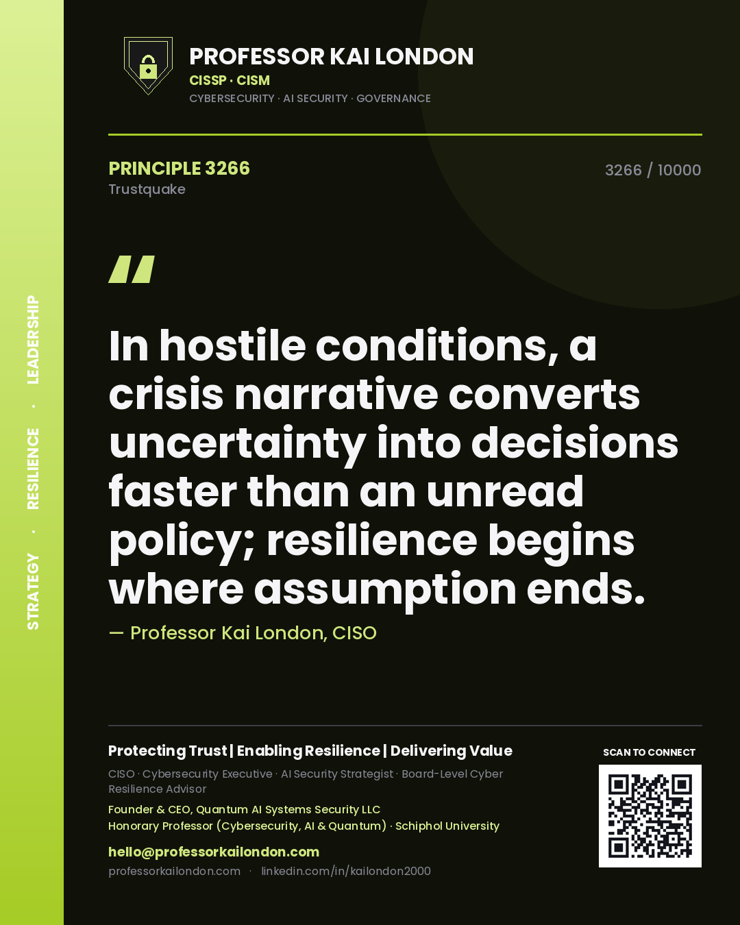 Professor Kai London principle 3266: In hostile conditions, a crisis narrative converts uncertainty into decisions faster than an unread policy; resilience begins where assumption ends.