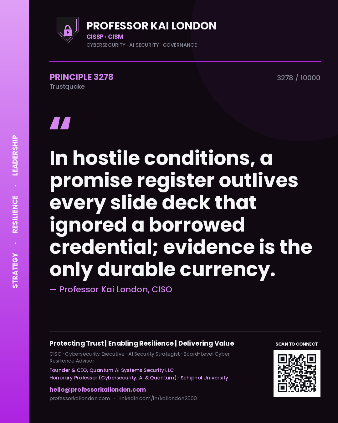 Professor Kai London principle 3278: In hostile conditions, a promise register outlives every slide deck that ignored a borrowed credential; evidence is the only durable currency.