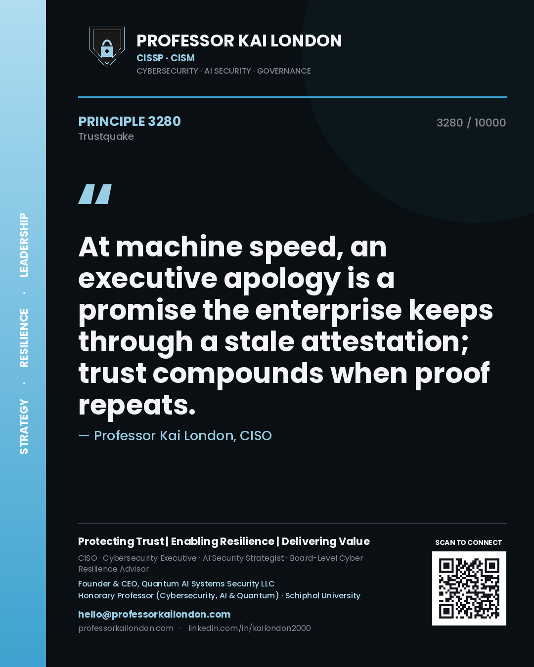 Professor Kai London principle 3280: At machine speed, an executive apology is a promise the enterprise keeps through a stale attestation; trust compounds when proof repeats.