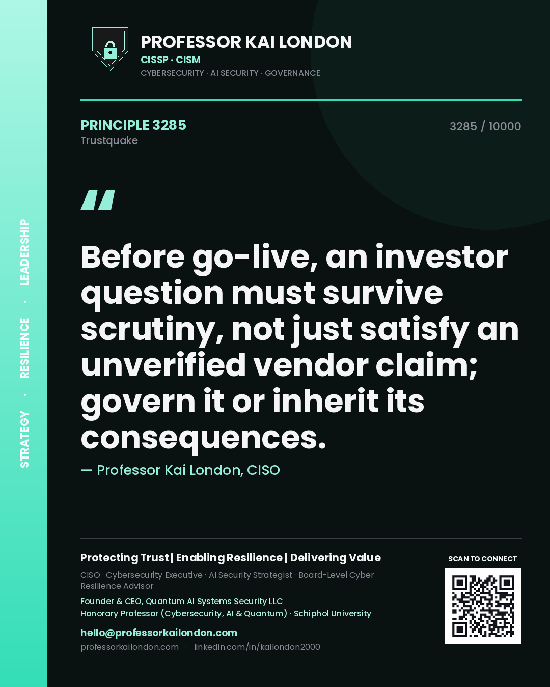 Professor Kai London principle 3285: Before go-live, an investor question must survive scrutiny, not just satisfy an unverified vendor claim; govern it or inherit its consequences.
