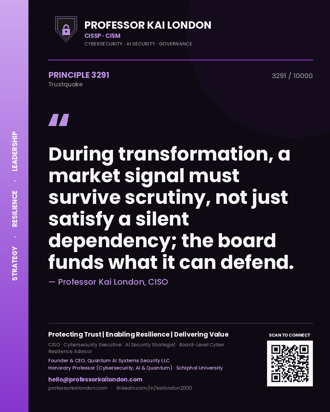 Quote card by Professor Kai London reading 'During transformation, a market signal must survive scrutiny, not just satisfy a silent dependency; the board funds what it can defend.'. From the book Trustquake.