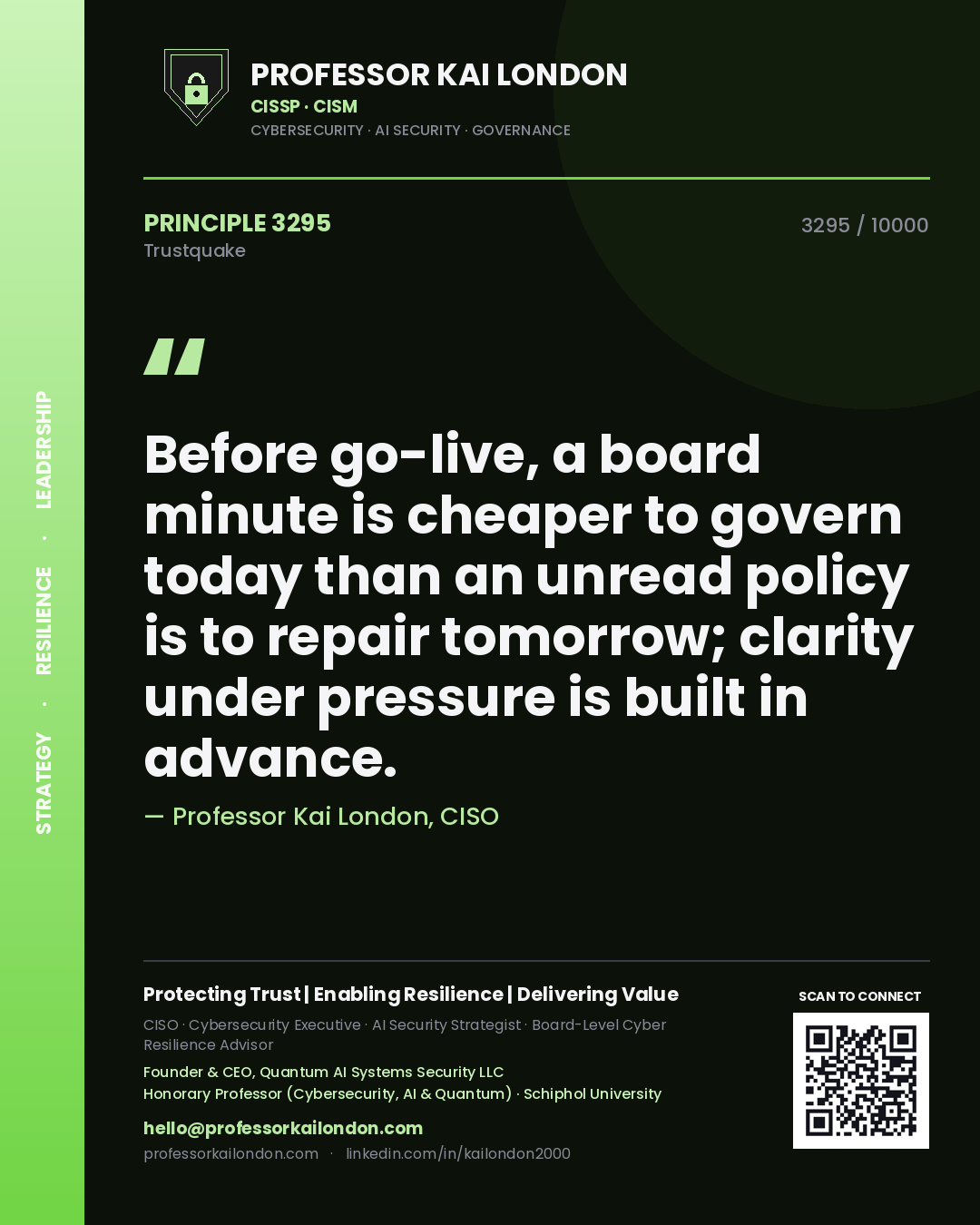 Professor Kai London principle 3295: Before go-live, a board minute is cheaper to govern today than an unread policy is to repair tomorrow; clarity under pressure is built in advance.