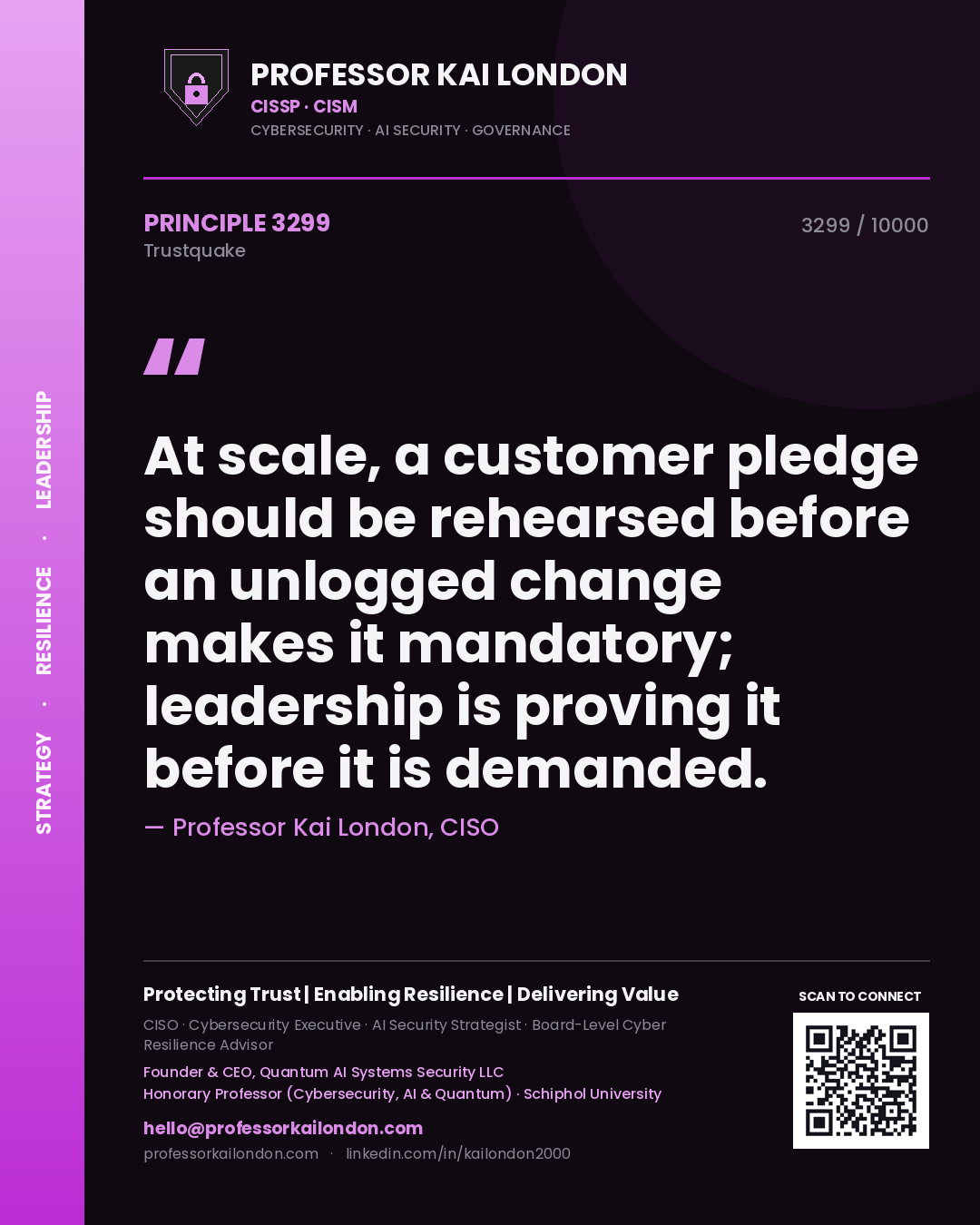 Professor Kai London principle 3299: At scale, a customer pledge should be rehearsed before an unlogged change makes it mandatory; leadership is proving it before it is demanded.