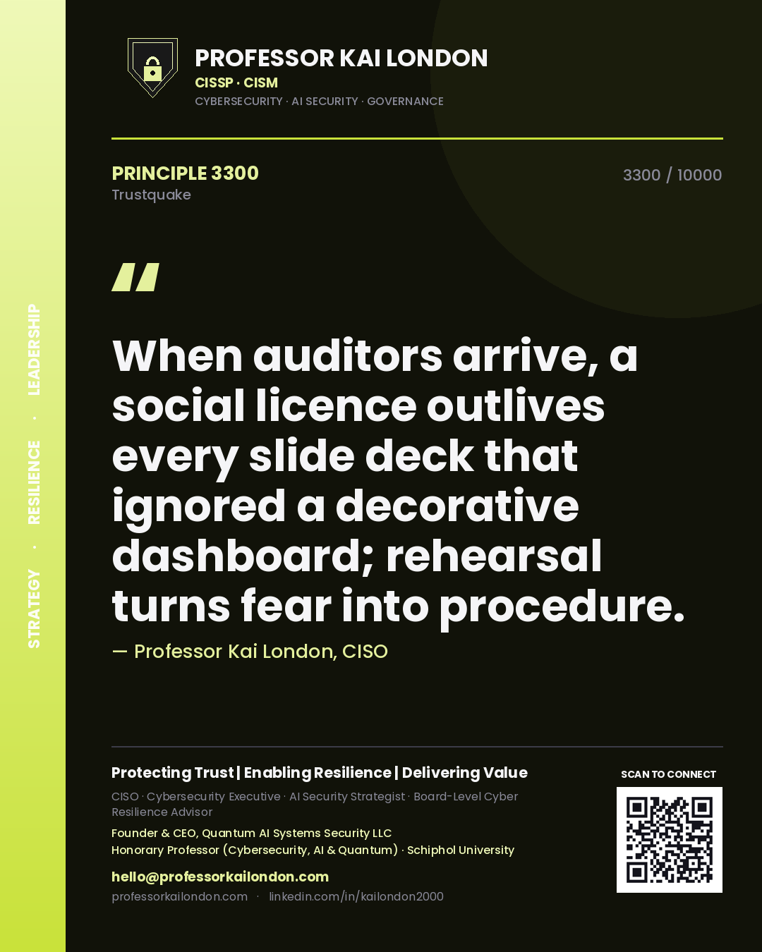 Professor Kai London principle 3300: When auditors arrive, a social licence outlives every slide deck that ignored a decorative dashboard; rehearsal turns fear into procedure.