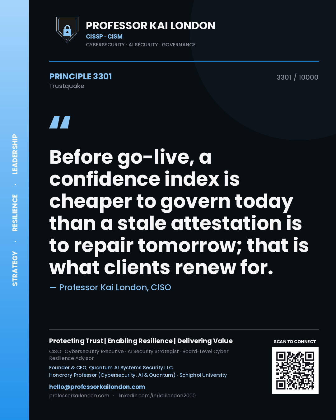 Professor Kai London principle 3301: Before go-live, a confidence index is cheaper to govern today than a stale attestation is to repair tomorrow; that is what clients renew for.