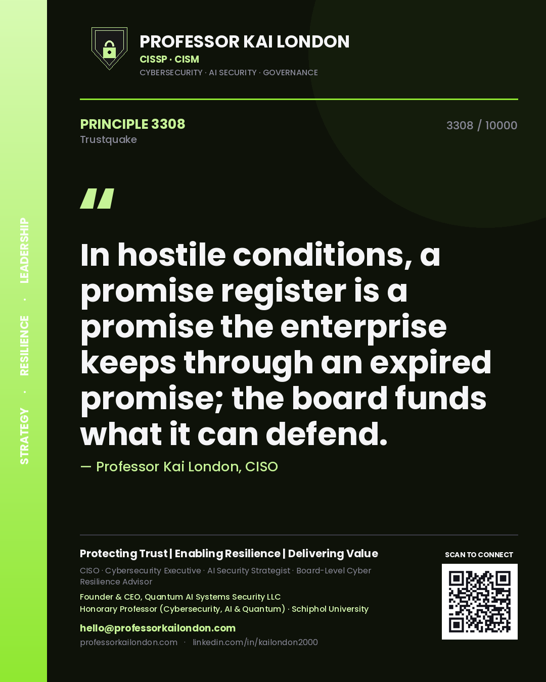 Professor Kai London principle 3308: In hostile conditions, a promise register is a promise the enterprise keeps through an expired promise; the board funds what it can defend.