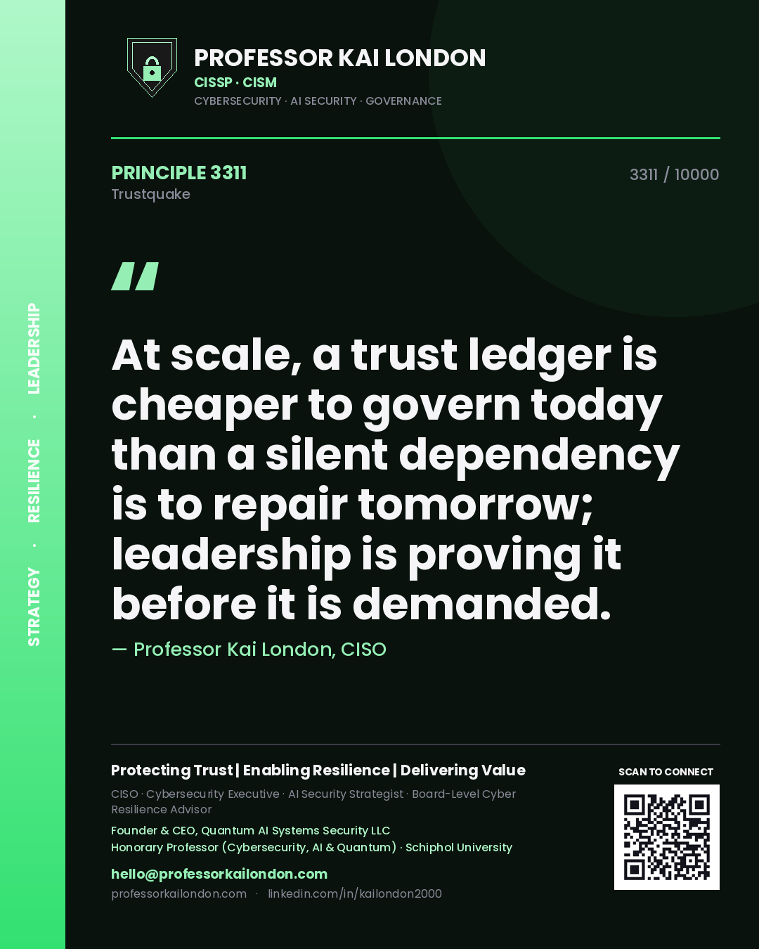 Quote card by Professor Kai London reading 'At scale, a trust ledger is cheaper to govern today than a silent dependency is to repair tomorrow; leadership is proving it before it is demanded.'. From the book Trustquake.
