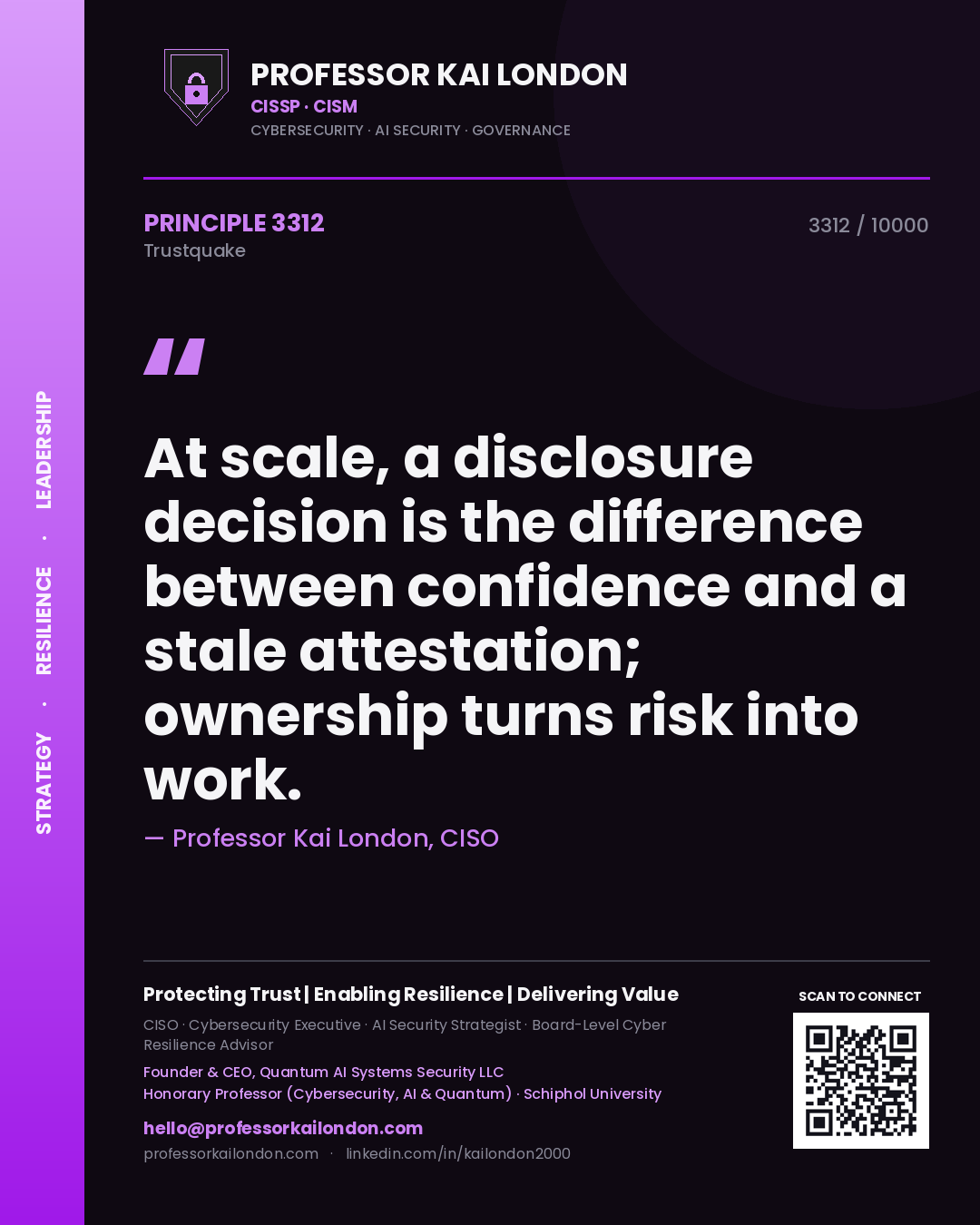 Quote card by Professor Kai London reading 'At scale, a disclosure decision is the difference between confidence and a stale attestation; ownership turns risk into work.'. From the book Trustquake.