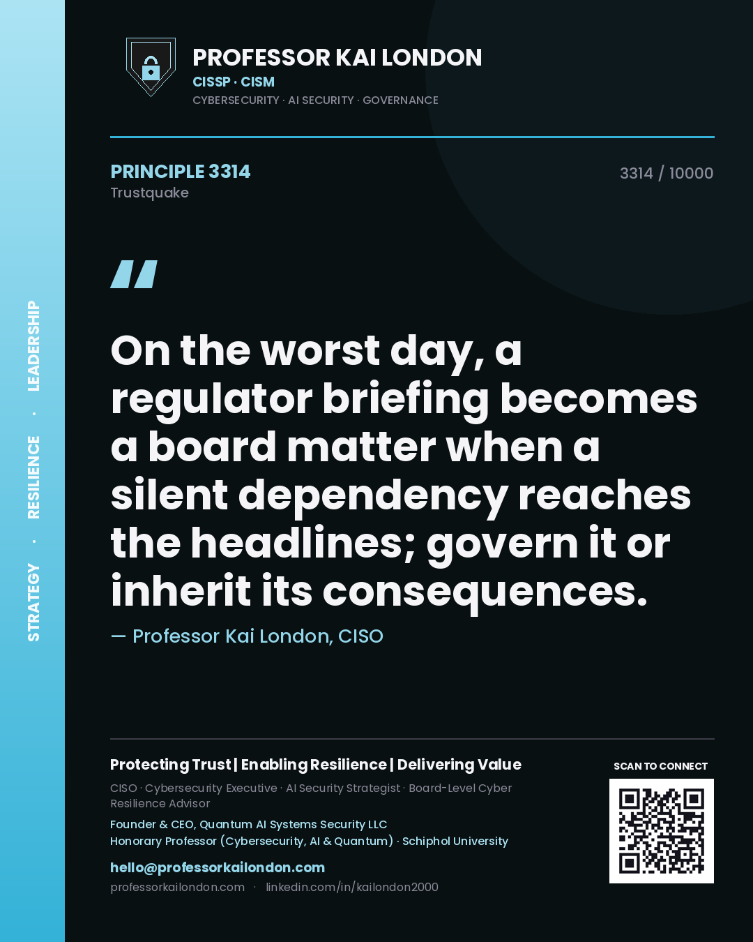 Professor Kai London principle 3314: On the worst day, a regulator briefing becomes a board matter when a silent dependency reaches the headlines; govern it or inherit its consequences.
