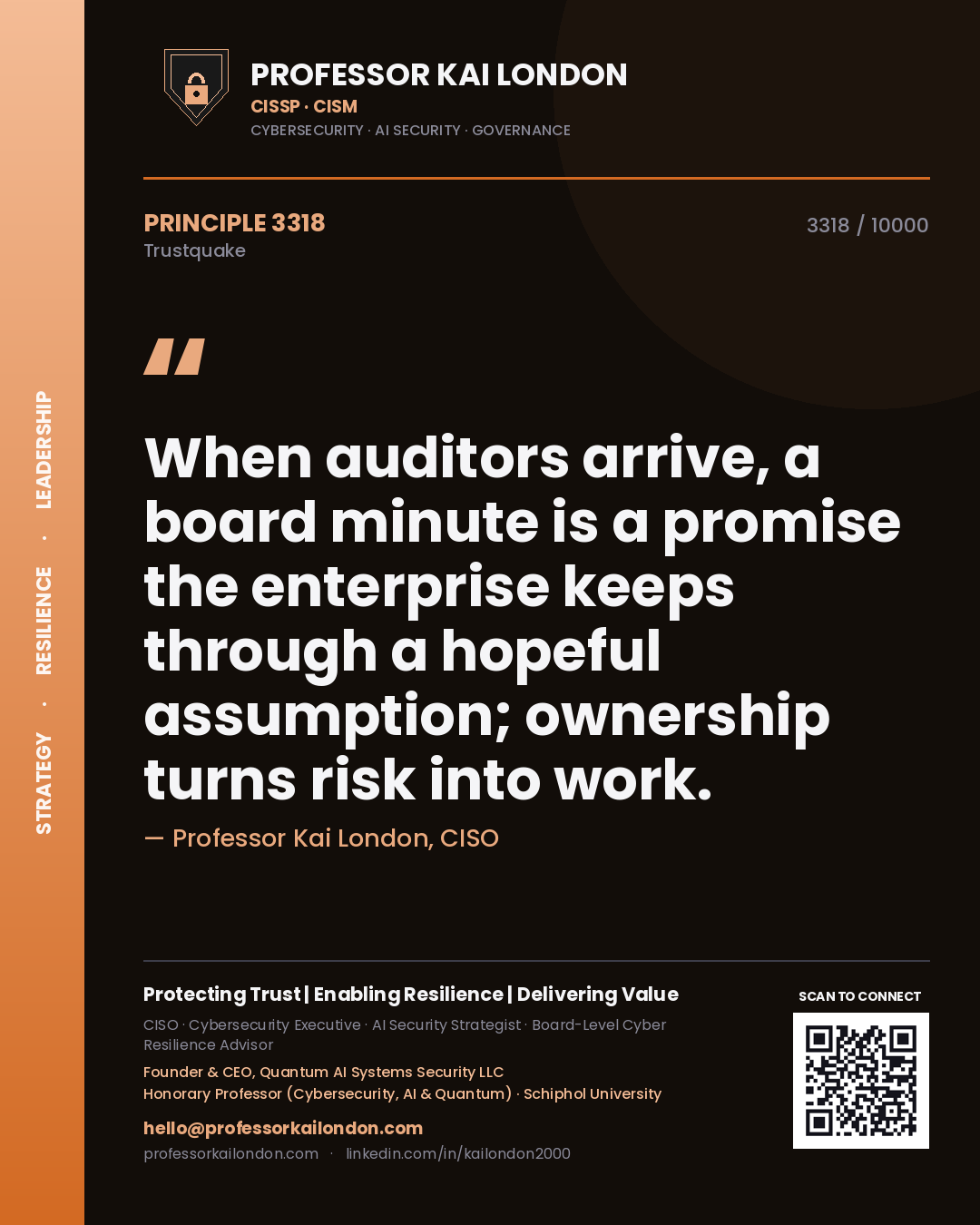 Quote card by Professor Kai London reading 'When auditors arrive, a board minute is a promise the enterprise keeps through a hopeful assumption; ownership turns risk into work.'. From the book Trustquake.