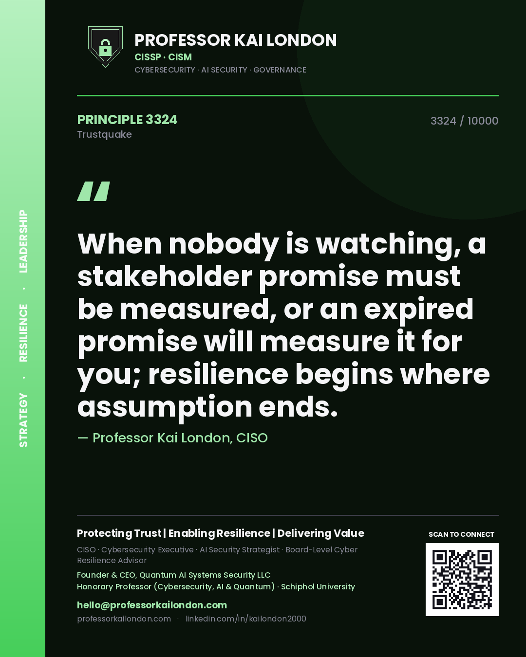Quote card by Professor Kai London reading 'When nobody is watching, a stakeholder promise must be measured, or an expired promise will measure it for you; resilience begins where assumption ends.'. From the book Trustquake.