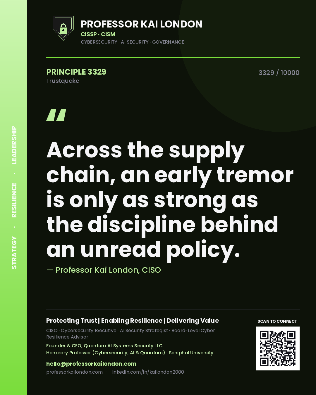 Quote card by Professor Kai London reading 'Across the supply chain, an early tremor is only as strong as the discipline behind an unread policy.'. From the book Trustquake.