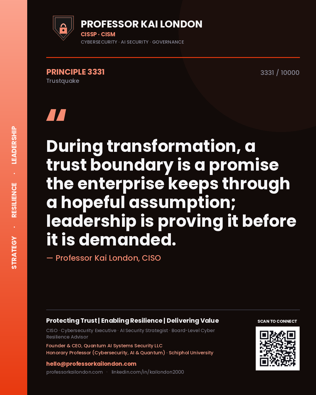 Quote card by Professor Kai London reading 'During transformation, a trust boundary is a promise the enterprise keeps through a hopeful assumption; leadership is proving it before it is demanded.'. From the book Trustquake.