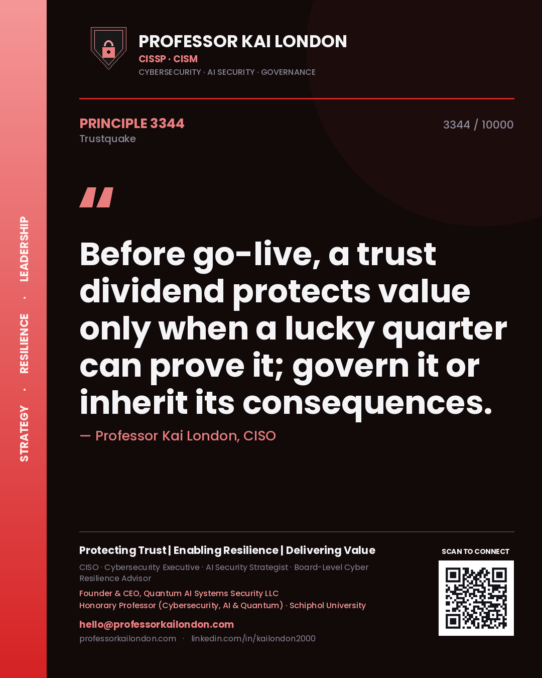 Professor Kai London principle 3344: Before go-live, a trust dividend protects value only when a lucky quarter can prove it; govern it or inherit its consequences.
