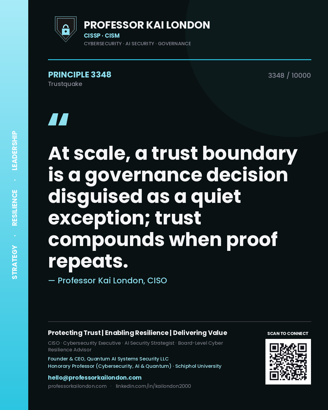 Quote card by Professor Kai London reading 'At scale, a trust boundary is a governance decision disguised as a quiet exception; trust compounds when proof repeats.'. From the book Trustquake.
