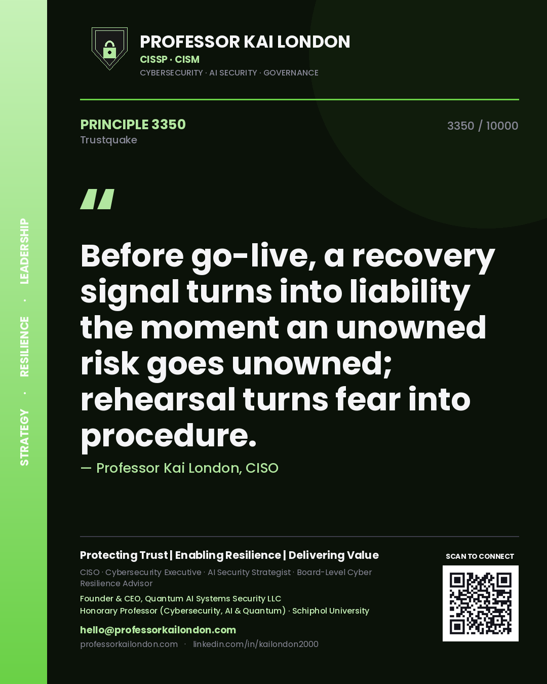 Professor Kai London principle 3350: Before go-live, a recovery signal turns into liability the moment an unowned risk goes unowned; rehearsal turns fear into procedure.