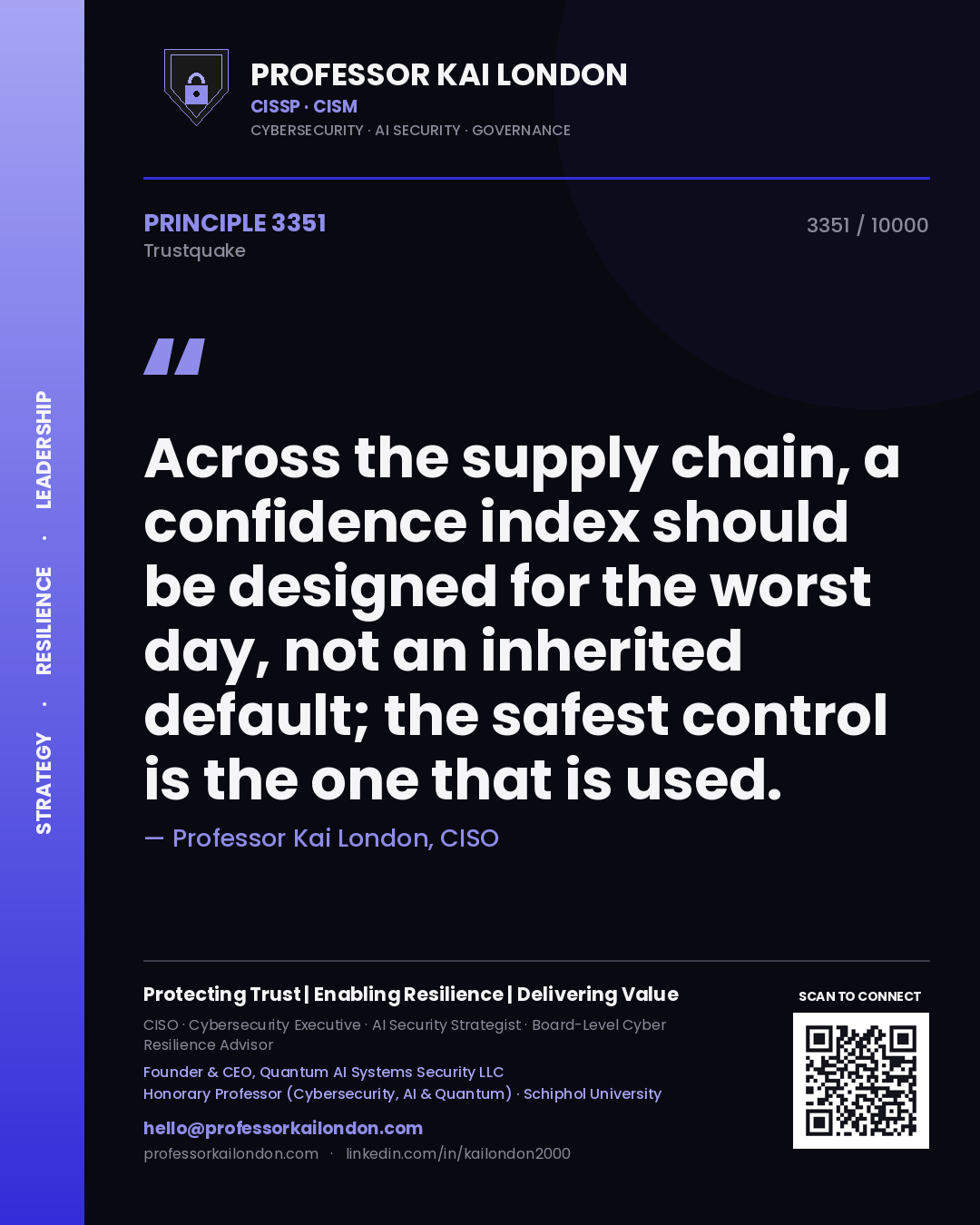 Quote card by Professor Kai London reading 'Across the supply chain, a confidence index should be designed for the worst day, not an inherited default; the safest control is the one that is used.'. From the book Trustquake.
