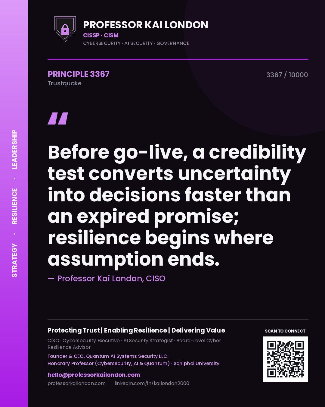 Professor Kai London principle 3367: Before go-live, a credibility test converts uncertainty into decisions faster than an expired promise; resilience begins where assumption ends.