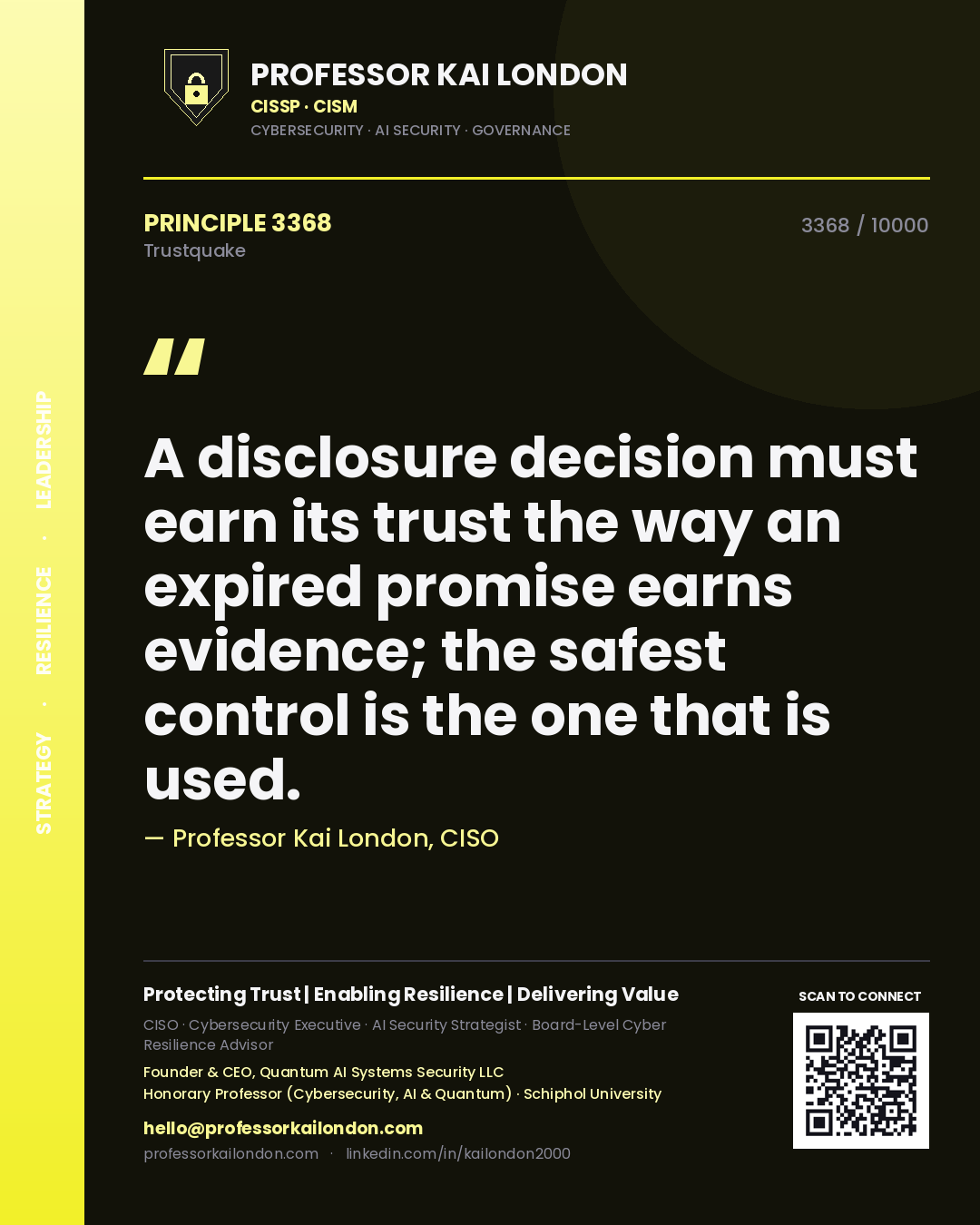 Professor Kai London principle 3368: A disclosure decision must earn its trust the way an expired promise earns evidence; the safest control is the one that is used.