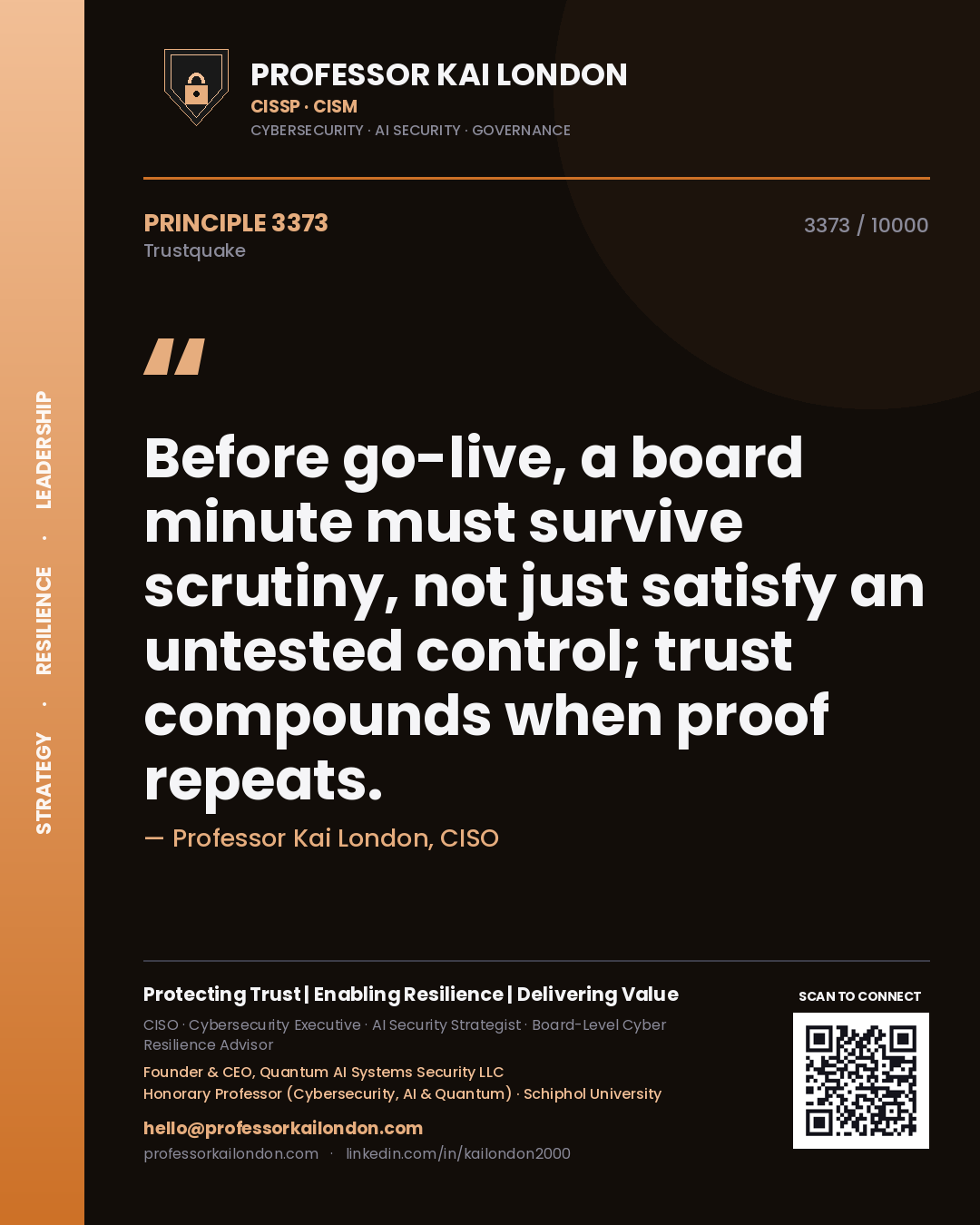 Professor Kai London principle 3373: Before go-live, a board minute must survive scrutiny, not just satisfy an untested control; trust compounds when proof repeats.