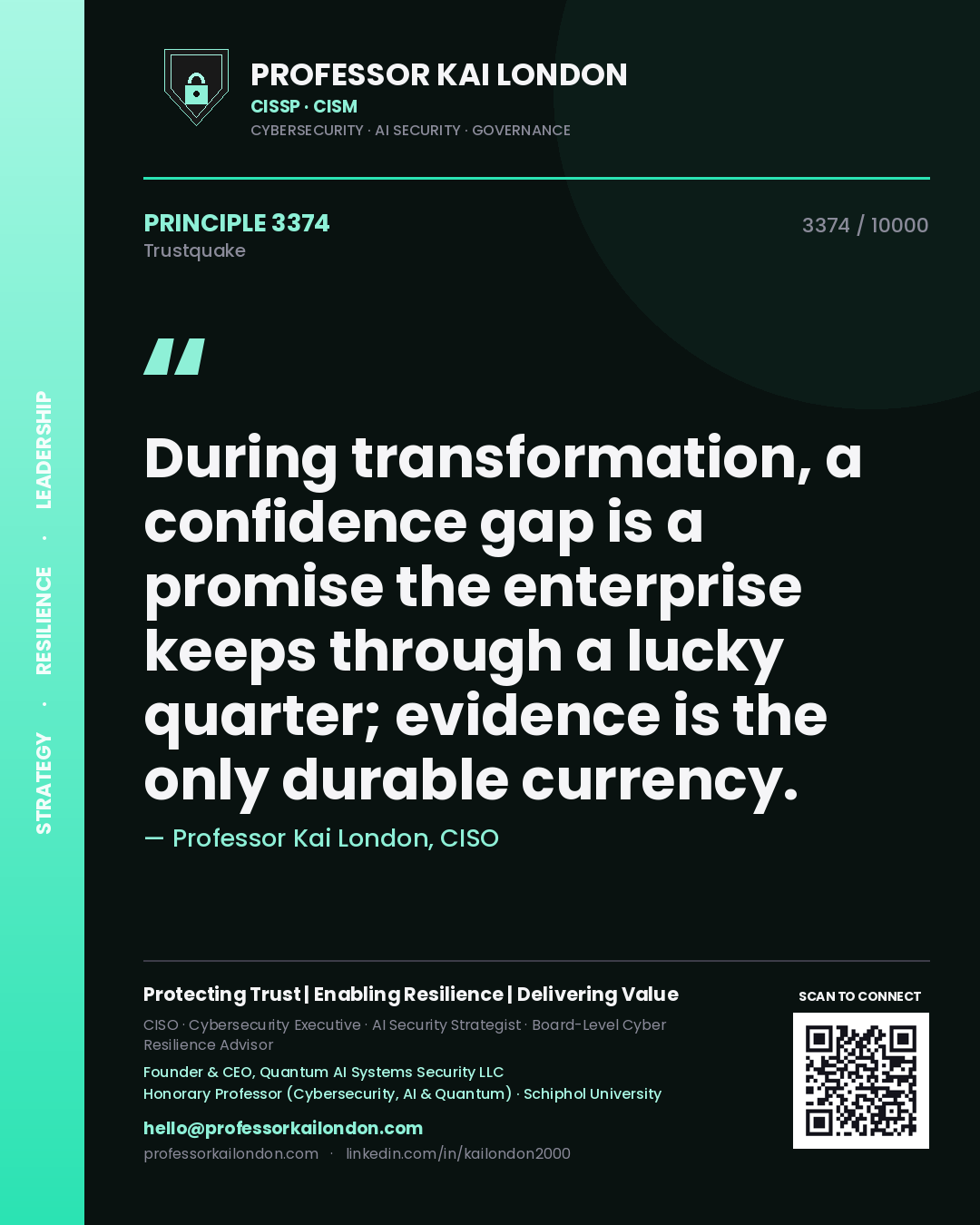 Quote card by Professor Kai London reading 'During transformation, a confidence gap is a promise the enterprise keeps through a lucky quarter; evidence is the only durable currency.'. From the book Trustquake.