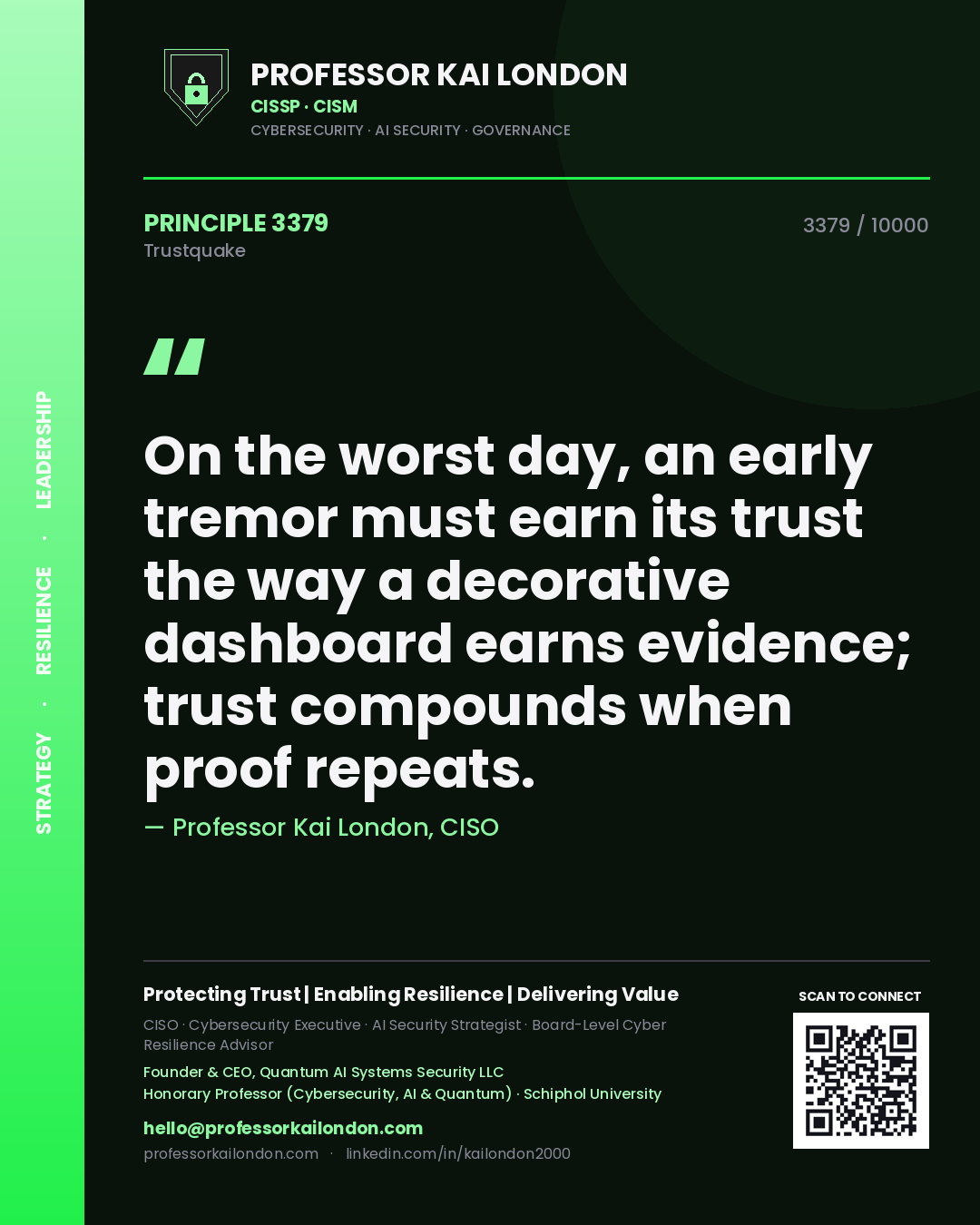 Professor Kai London principle 3379: On the worst day, an early tremor must earn its trust the way a decorative dashboard earns evidence; trust compounds when proof repeats.
