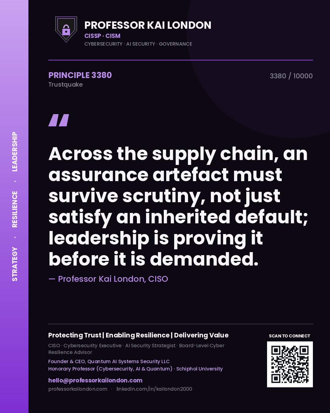 Professor Kai London principle 3380: Across the supply chain, an assurance artefact must survive scrutiny, not just satisfy an inherited default; leadership is proving it before it is demanded.