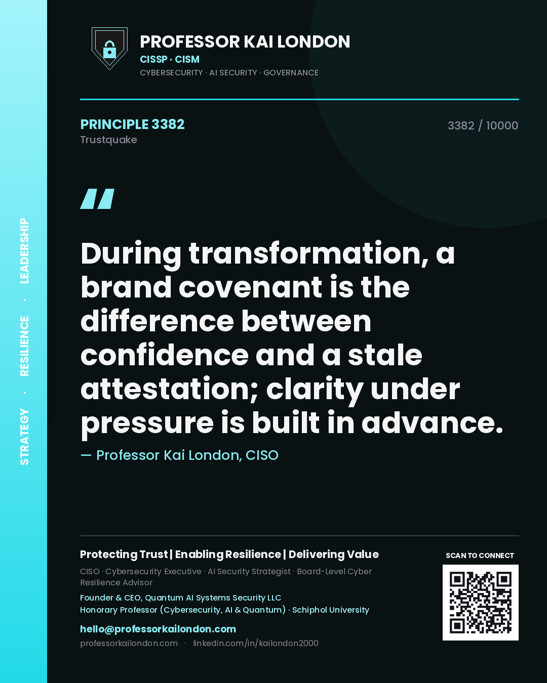 Professor Kai London principle 3382: During transformation, a brand covenant is the difference between confidence and a stale attestation; clarity under pressure is built in advance.