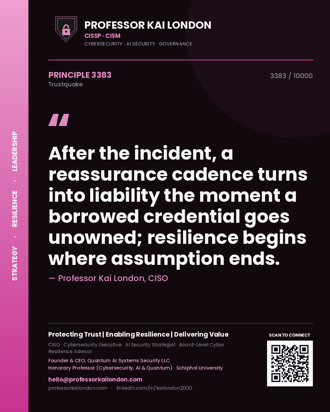 Professor Kai London principle 3383: After the incident, a reassurance cadence turns into liability the moment a borrowed credential goes unowned; resilience begins where assumption ends.