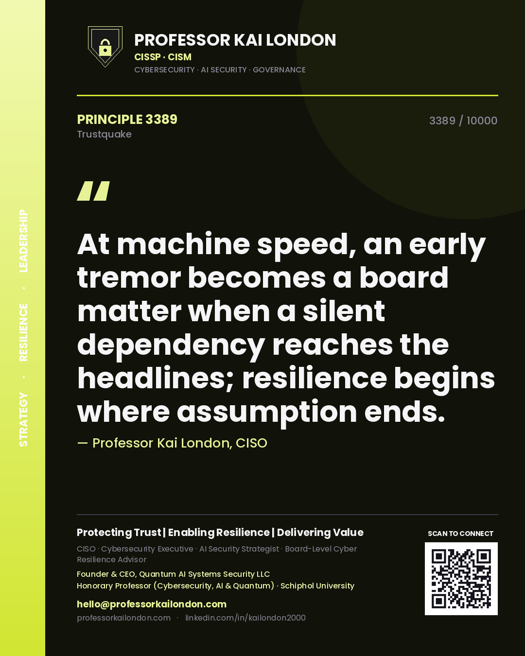 Professor Kai London principle 3389: At machine speed, an early tremor becomes a board matter when a silent dependency reaches the headlines; resilience begins where assumption ends.
