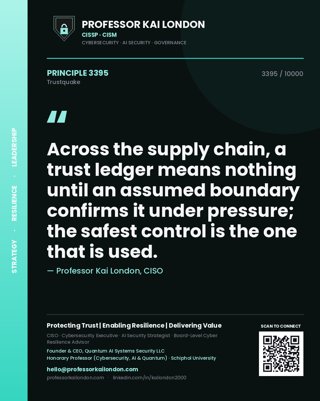 Quote card by Professor Kai London reading 'Across the supply chain, a trust ledger means nothing until an assumed boundary confirms it under pressure; the safest control is the one that is used.'. From the book Trustquake.