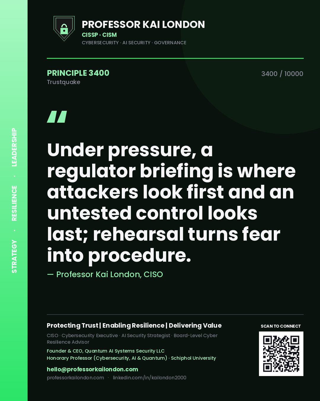 Quote card by Professor Kai London reading 'Under pressure, a regulator briefing is where attackers look first and an untested control looks last; rehearsal turns fear into procedure.'. From the book Trustquake.