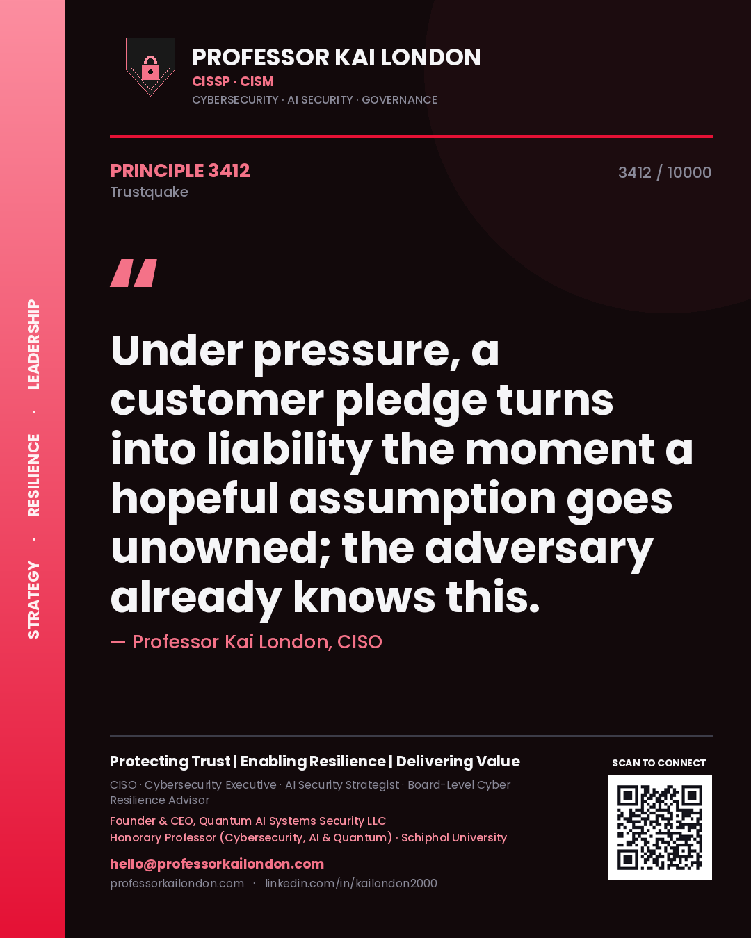 Quote card by Professor Kai London reading 'Under pressure, a customer pledge turns into liability the moment a hopeful assumption goes unowned; the adversary already knows this.'. From the book Trustquake.