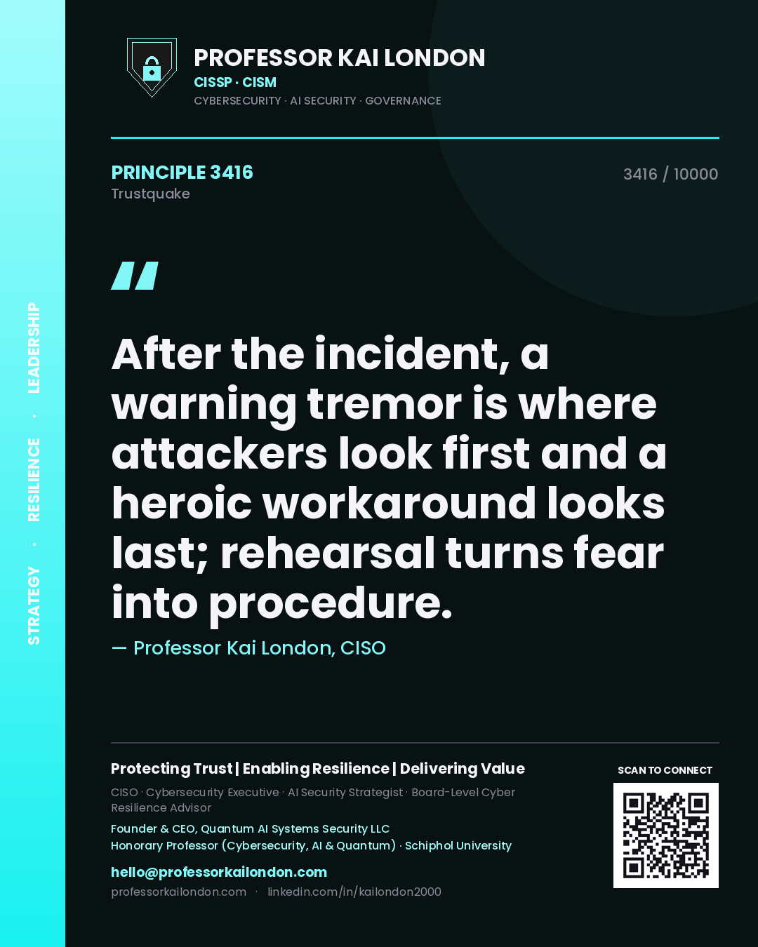 Quote card by Professor Kai London reading 'After the incident, a warning tremor is where attackers look first and a heroic workaround looks last; rehearsal turns fear into procedure.'. From the book Trustquake.
