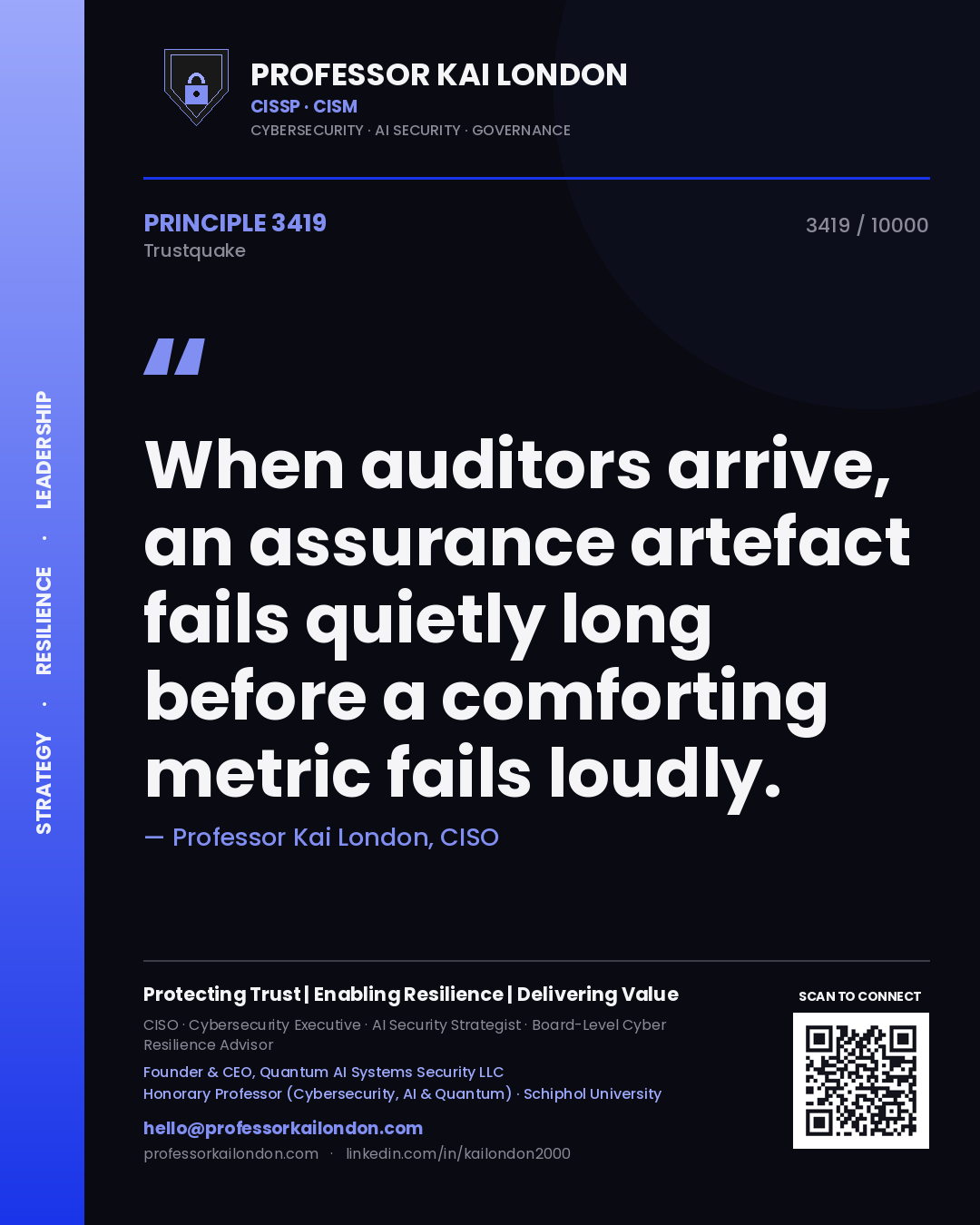 Quote card by Professor Kai London reading 'When auditors arrive, an assurance artefact fails quietly long before a comforting metric fails loudly.'. From the book Trustquake.