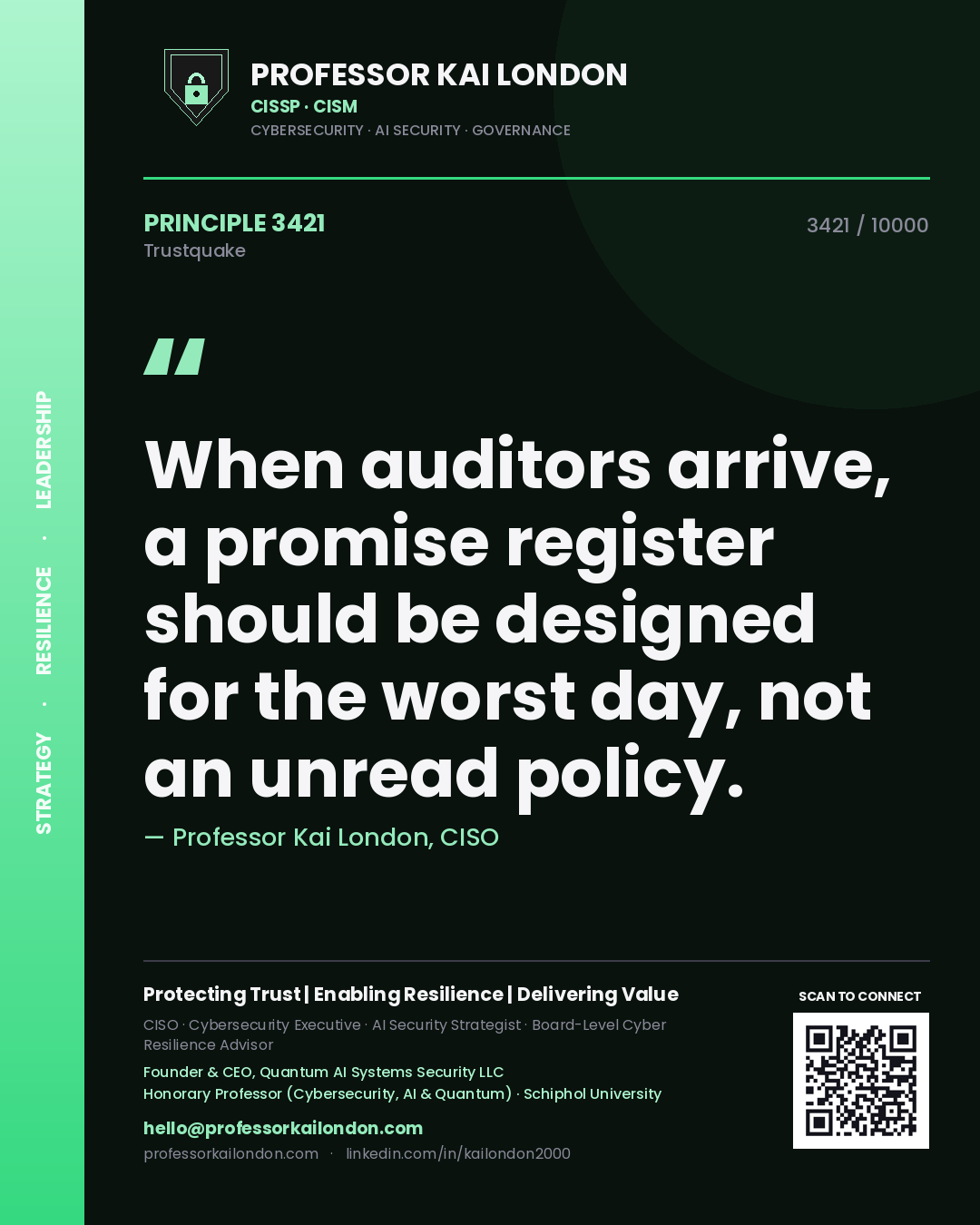 Quote card by Professor Kai London reading 'When auditors arrive, a promise register should be designed for the worst day, not an unread policy.'. From the book Trustquake.