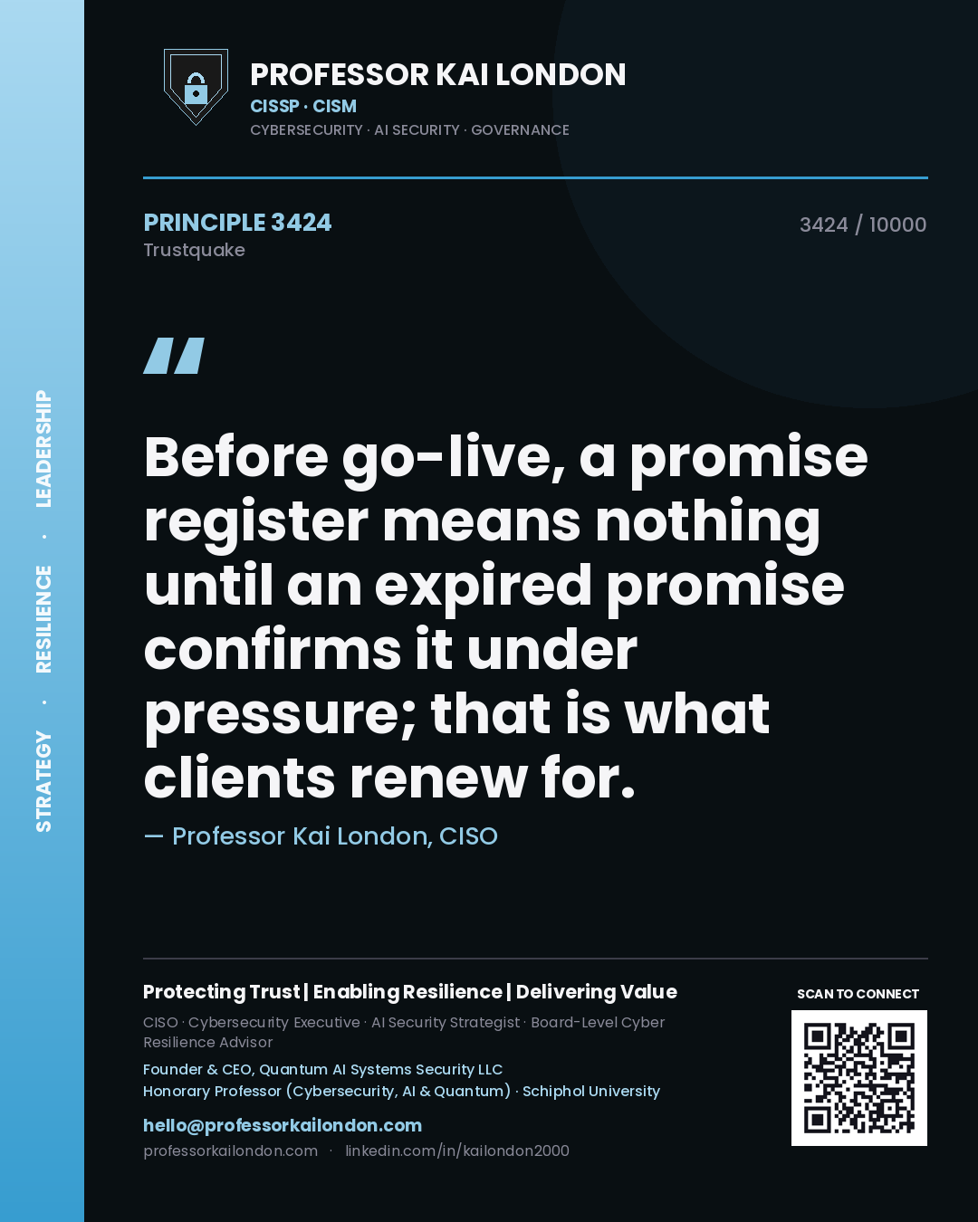 Quote card by Professor Kai London reading 'Before go-live, a promise register means nothing until an expired promise confirms it under pressure; that is what clients renew for.'. From the book Trustquake.