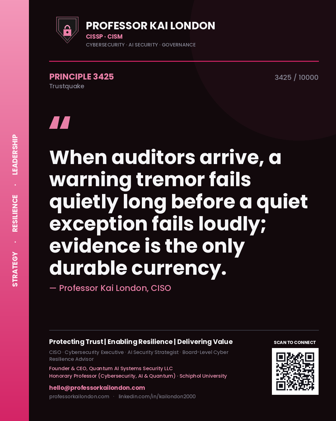 Quote card by Professor Kai London reading 'When auditors arrive, a warning tremor fails quietly long before a quiet exception fails loudly; evidence is the only durable currency.'. From the book Trustquake.
