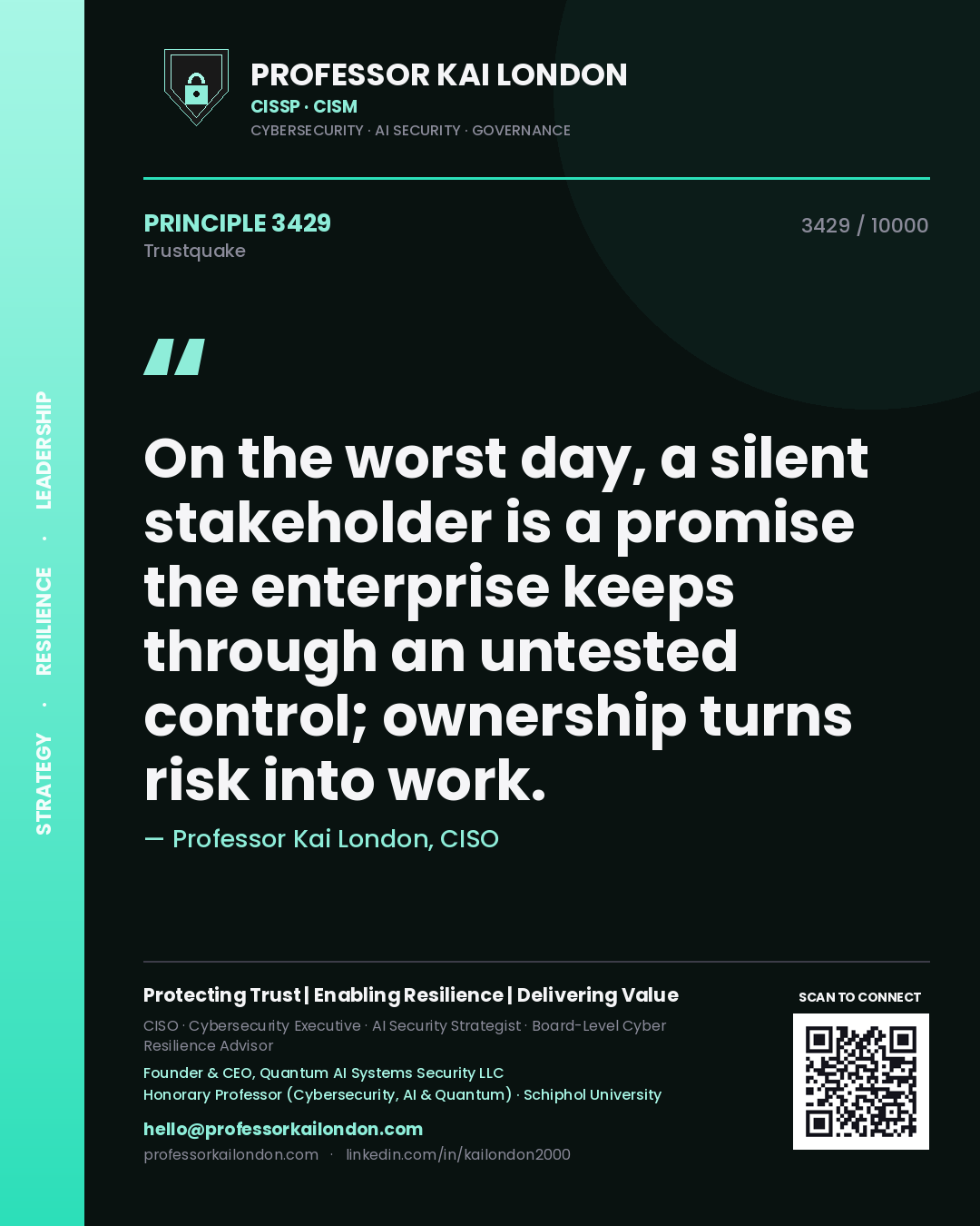 Quote card by Professor Kai London reading 'On the worst day, a silent stakeholder is a promise the enterprise keeps through an untested control; ownership turns risk into work.'. From the book Trustquake.