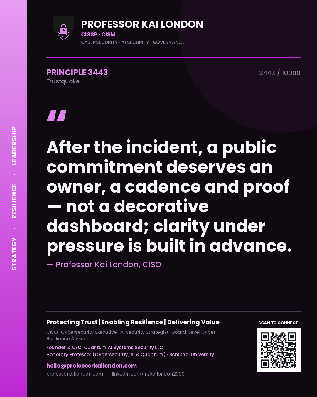 Quote card by Professor Kai London reading 'After the incident, a public commitment deserves an owner, a cadence and proof — not a decorative dashboard; clarity under pressure is built in advance.'. From the book Trustquake.